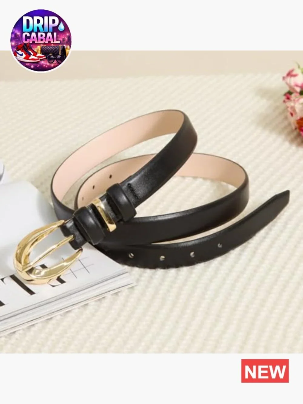 Women's Skinny Faux Leather Belt with Gold Buckle for Jeans Dresses